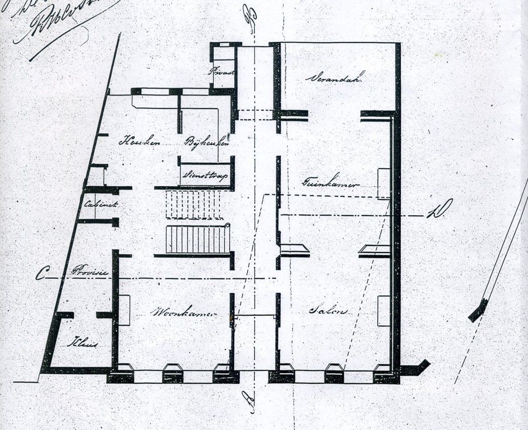 De ontwerptekening van de begane grond uit 1890.